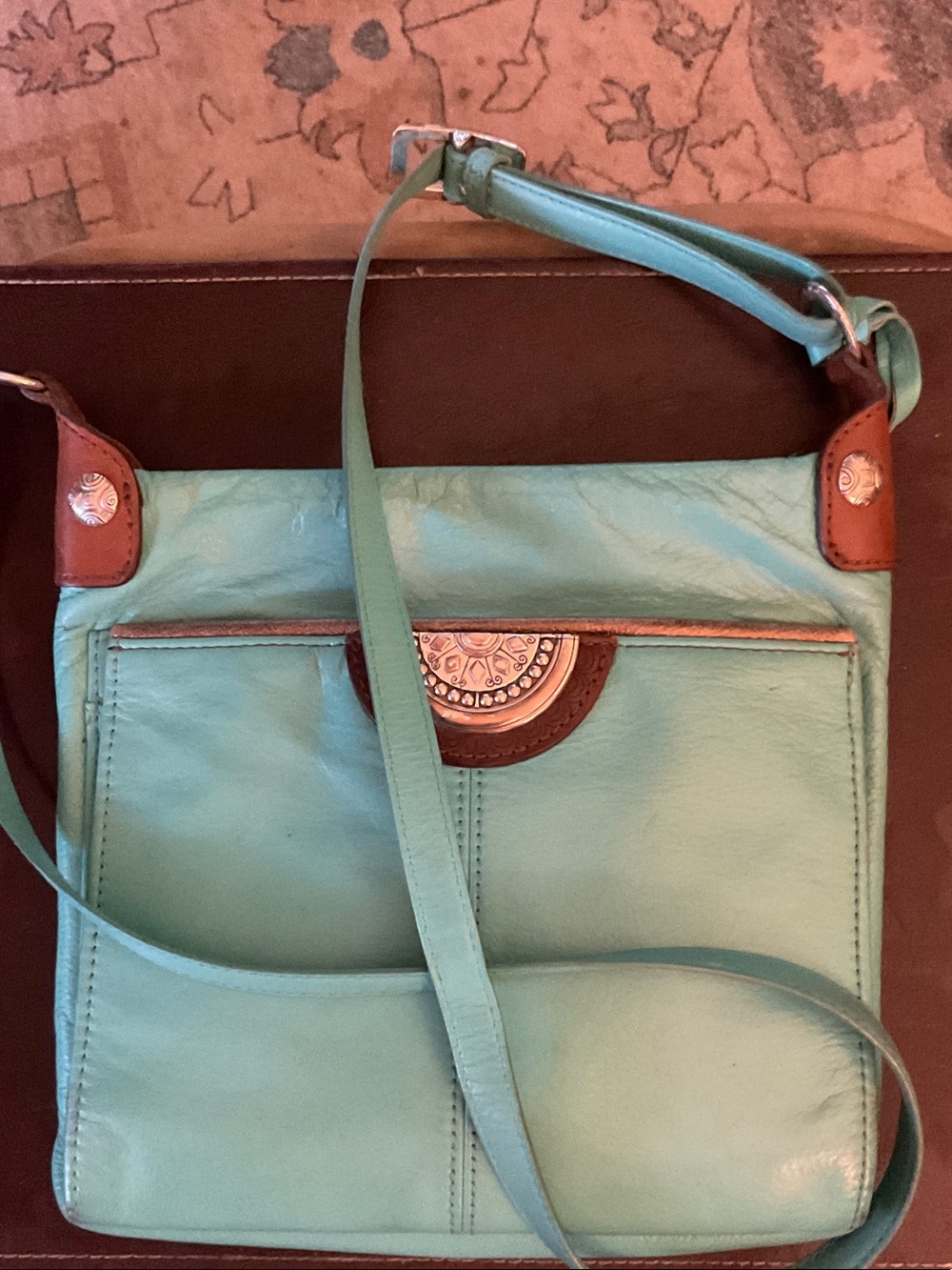 Brighton Turquoise Leather Crossbody Bag with Brown Trim
